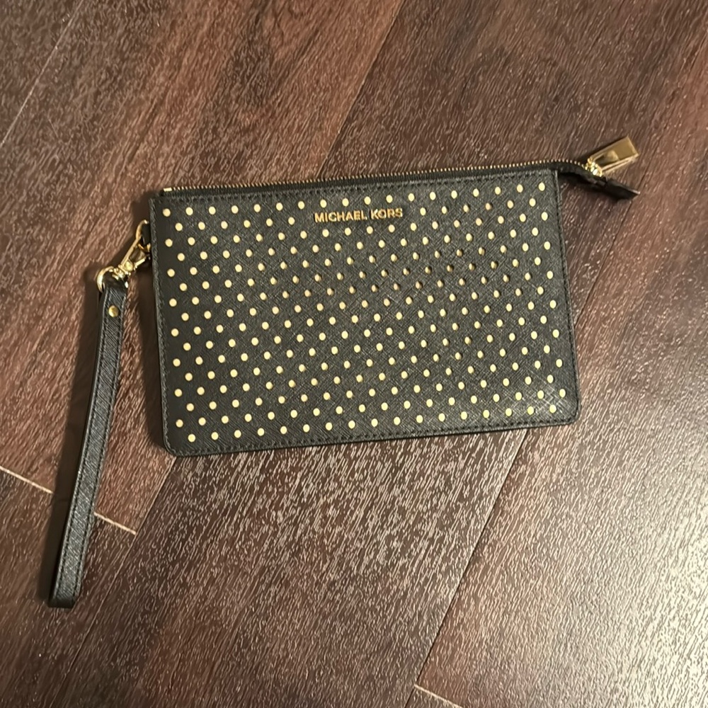 Michael Kors Black and Gold Polka Dot Wristlet